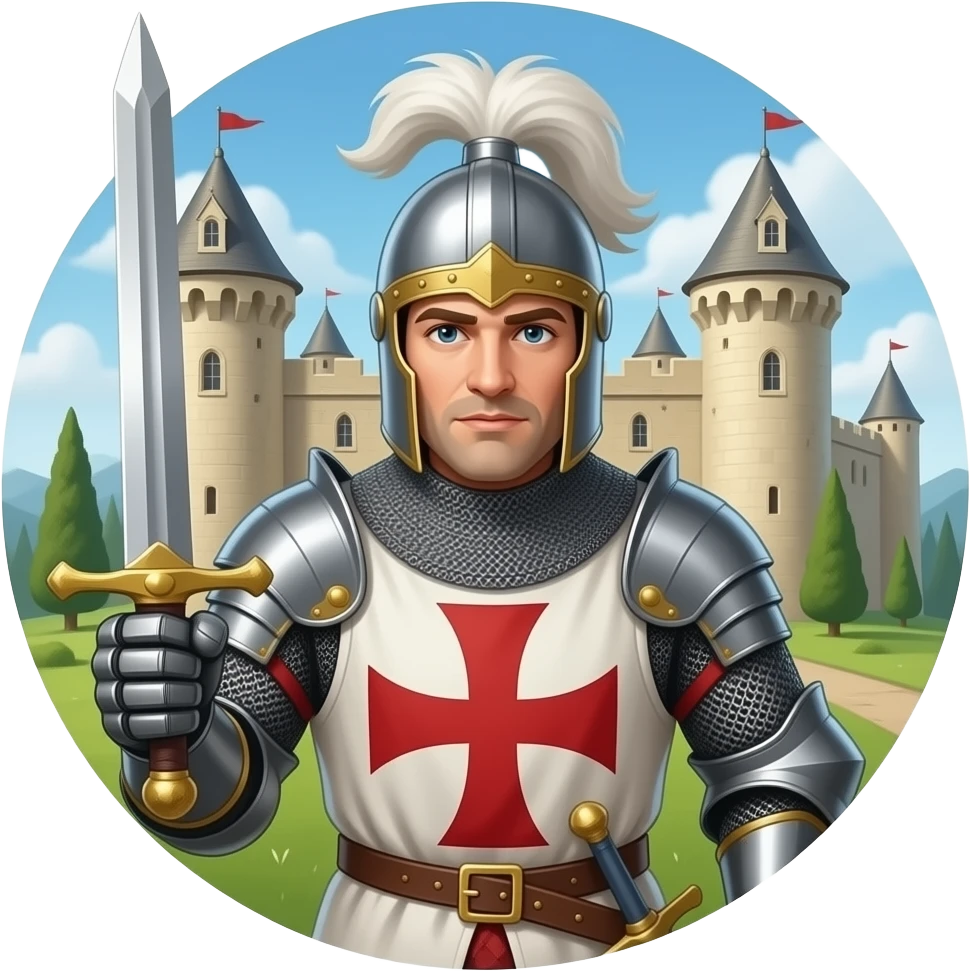 Un caballeros templarios con espada frente a un castillo emoji