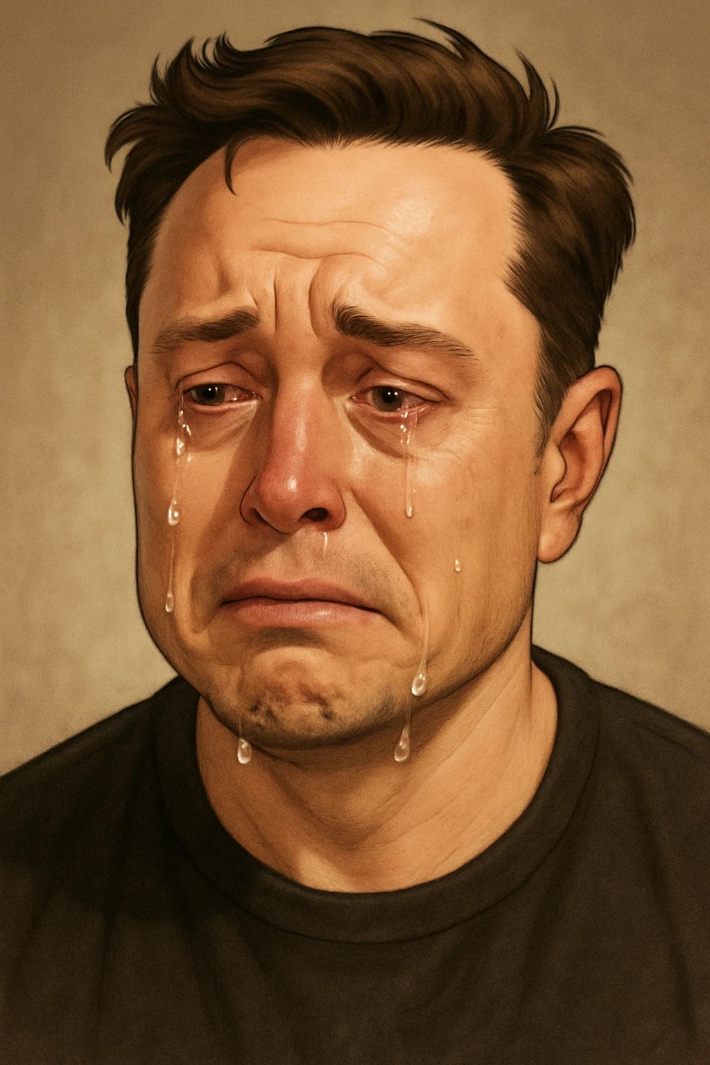 realistic cartoon style portrait of Elon Musk crying, detailed, emotional expression emoji