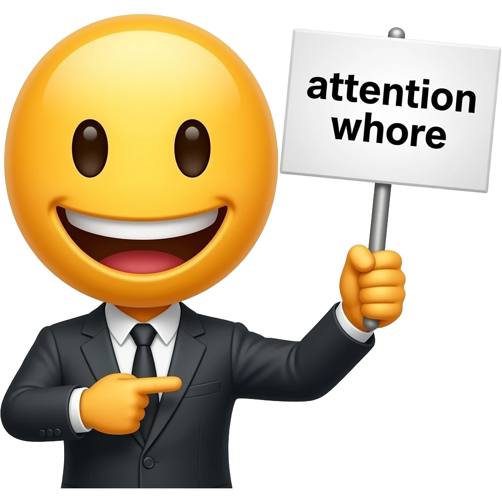 Yellow smiley pointing to screen holding up a sign sign that says "attention whore" emoji