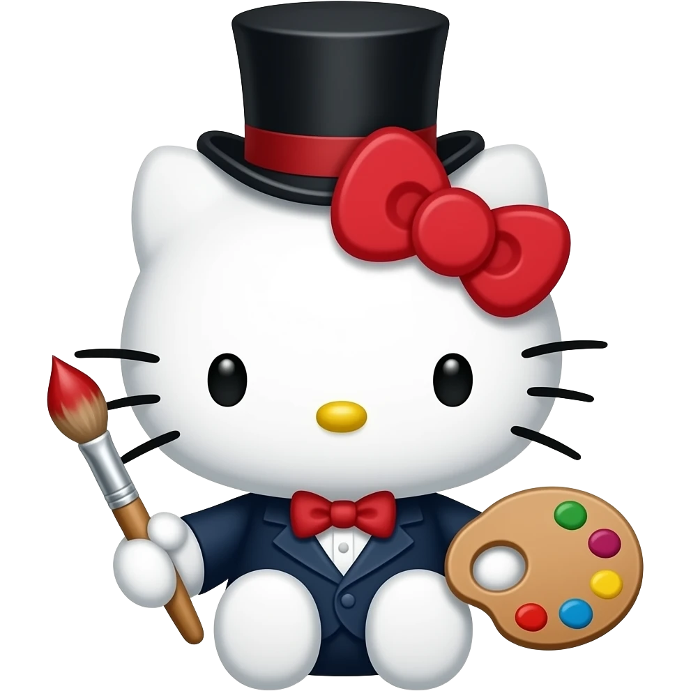 hello kitty representada como el pintor toulouse lautrec, con sombrero de copa  pincel emoji
