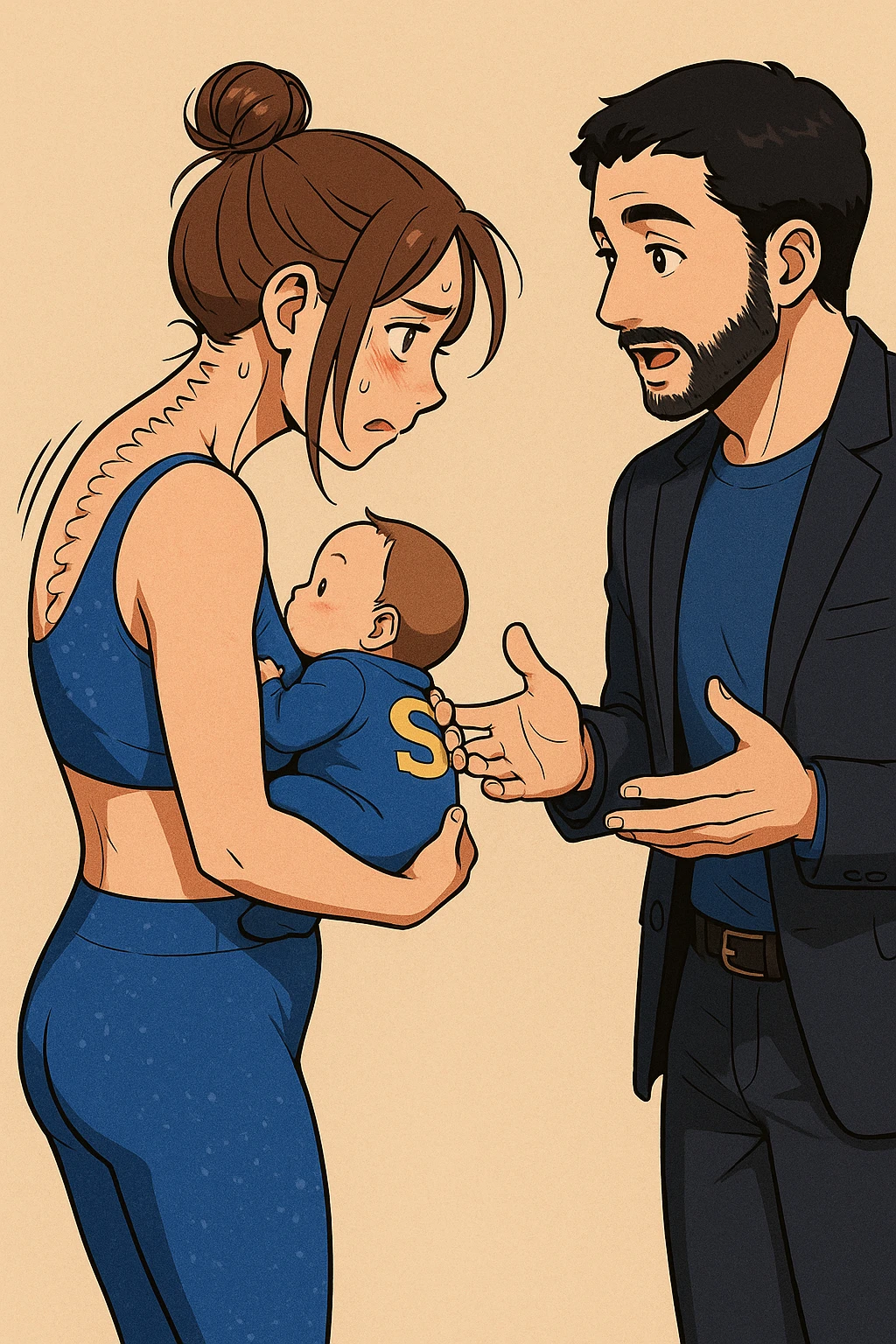 ispirati a questo stile di disegno e fai questa immagine in versione manga/webtoon a colori, il manga mostra la donna preoccupata di profilo con la postura sbagliata e incurvata, spalle chiuse e curve in avanti, con un neonato in braccio con una tutina azzurra e la scritta "S" sulla schiena, spina dorsale storta della donna in evidenza mentre ascolta l'uomo mentre l'uomo gli sta spiegando una cosa, ma non fare i fumetti, fai come se stessero parlando emoji