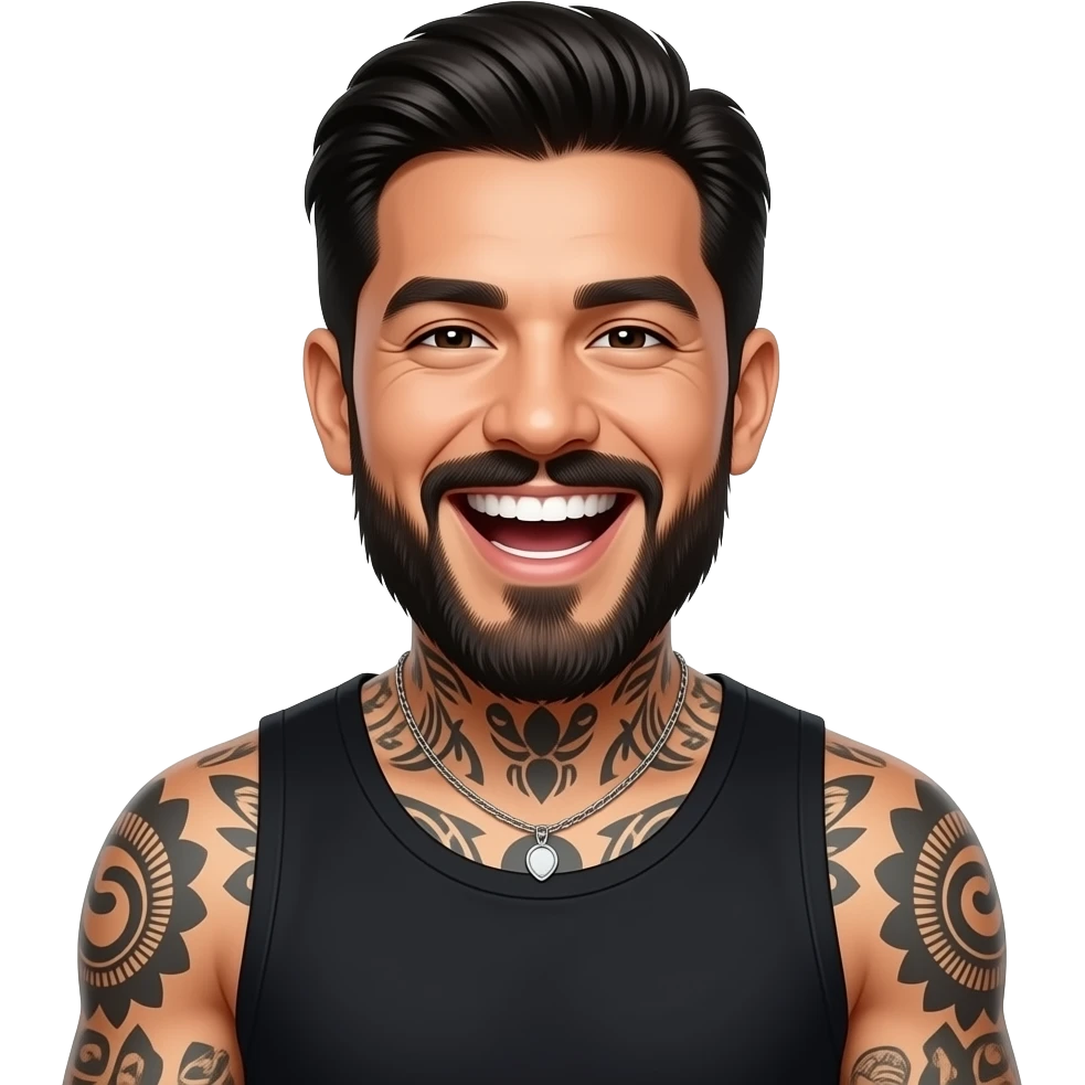 Kawaii style Handsome Latino, man with slicked back medium length hair and tattoos with a long beard, laughing super hard emoji