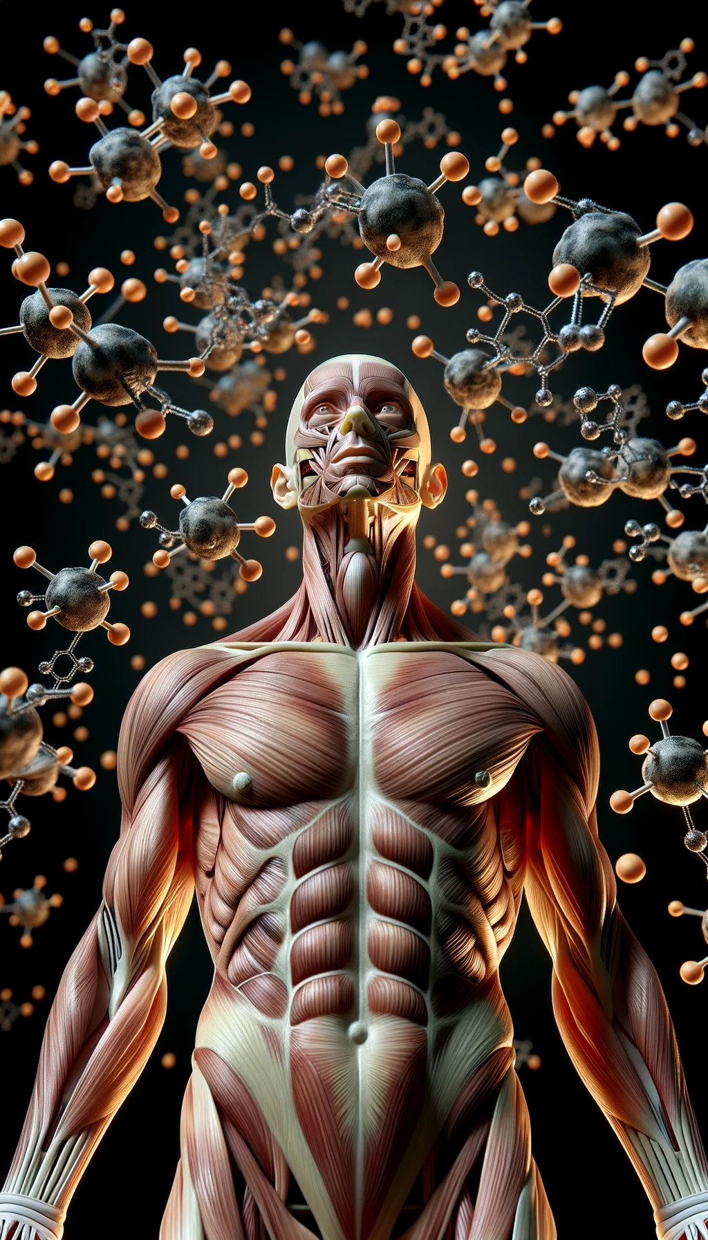 corpo umano anatomico circondato da molecole di dopamina che fluttuano in aria, iperrealistico 4k emoji