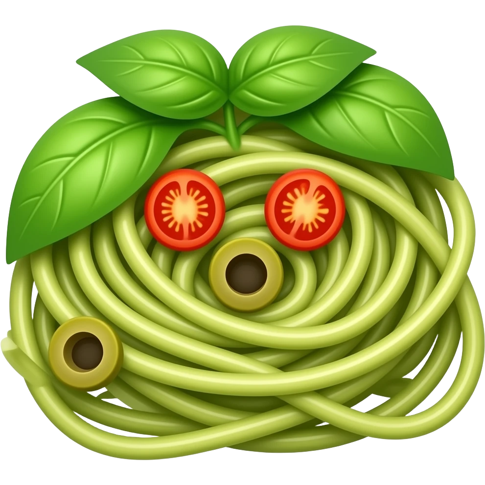 a friendly pesto pasta with a face emoji