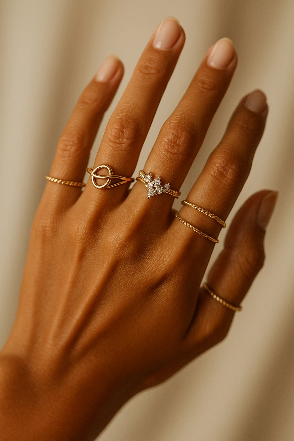a beautiful tanned woman's hand with many rings, focus on the hand, elegant, jewelry details emoji
