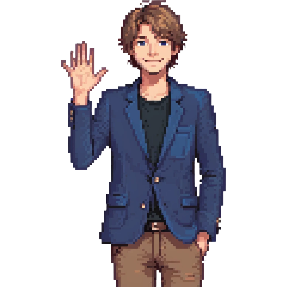 Flat pixel are, lively and clever male debater, fair skin, short messy light brown hair, sharp eyes with a mischievous smile, wearing indigo blazer over a casual t-shirt, one hand raised mid-gesture, waist-up, front-facing emoji