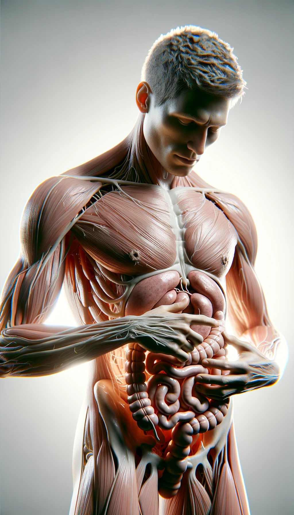 corpo umano anatomico che si tocca l'intestino con gli occhi chiusi, sfondo chiaro, iperrealistica 4k emoji