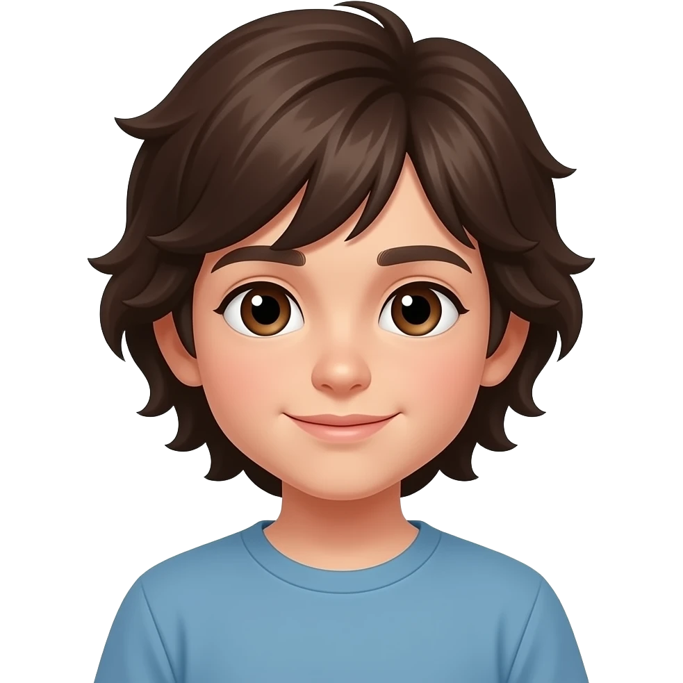 Niño pequeño con pelo marrón oscuro medio largo y ondulado y los ojos marrones emoji