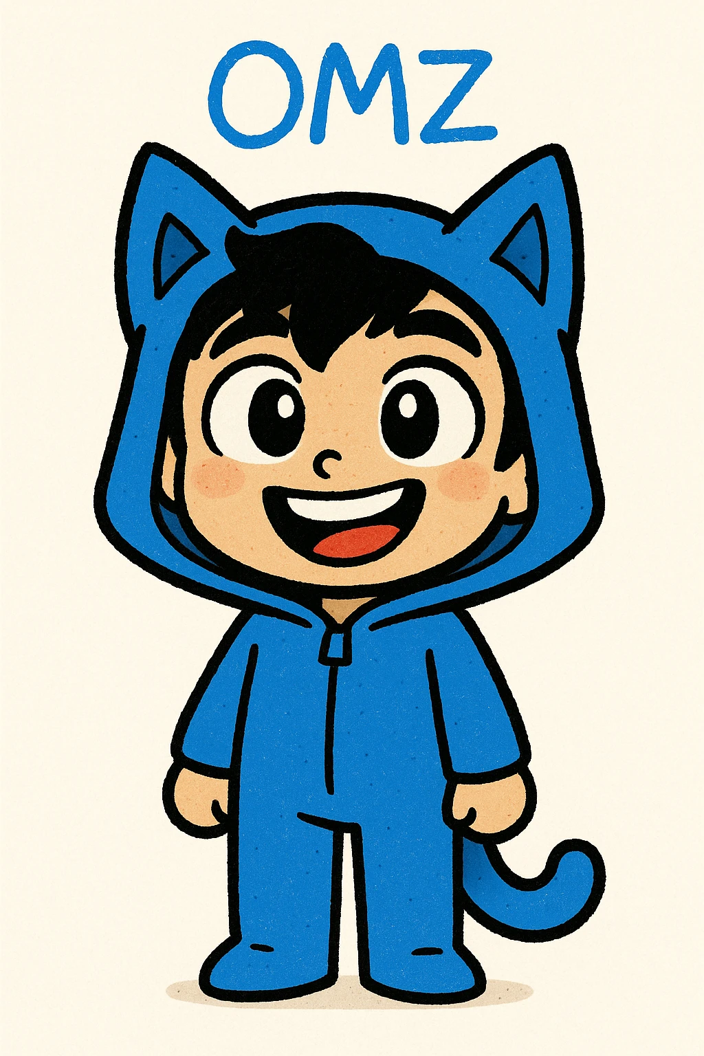 Extract only the blue character (OMZ) from the group in the original style and quality. Give the character a happy expression. emoji