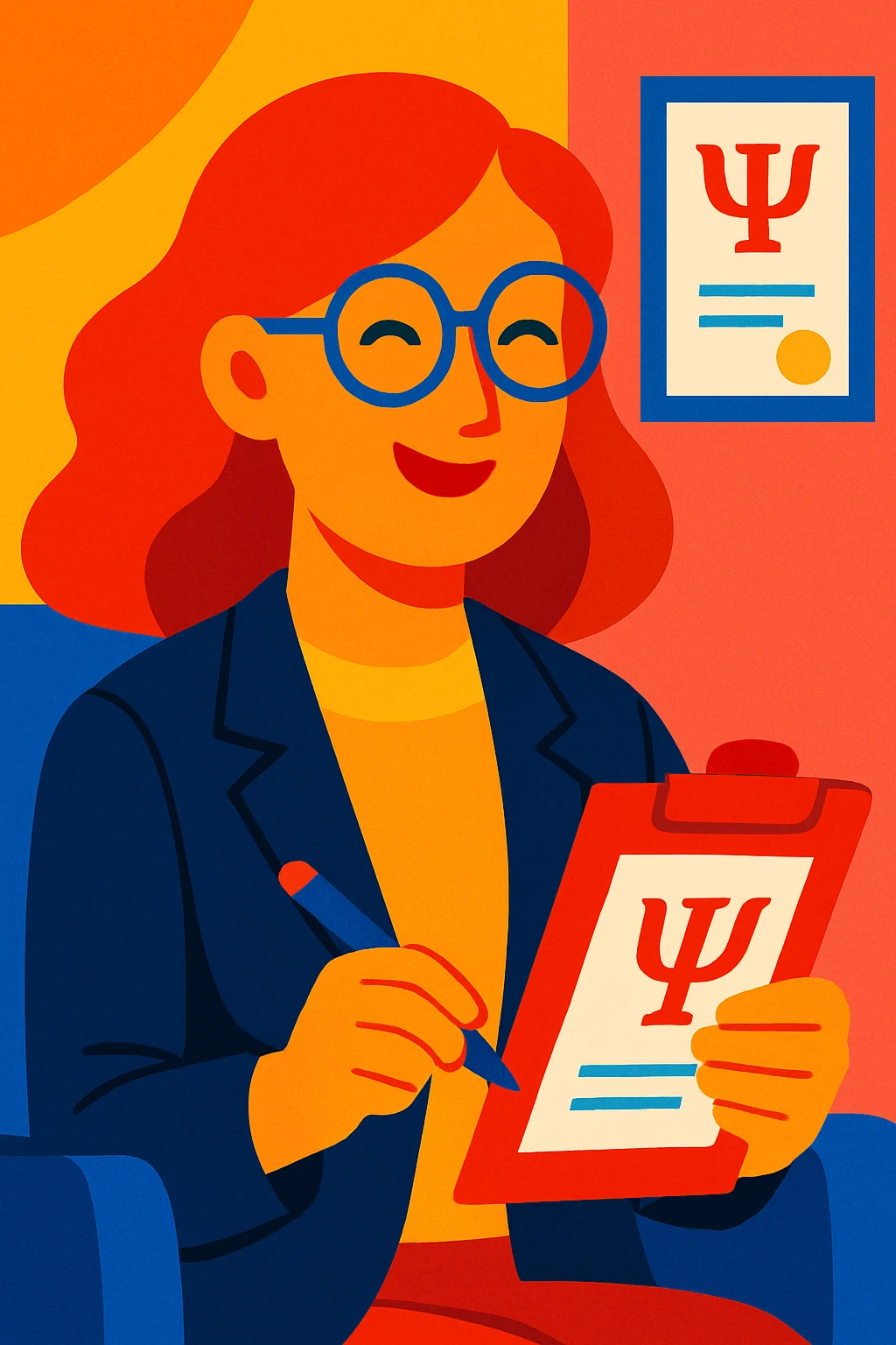 woman psychologist with red hair, smiling, vibrant modern illustration emoji