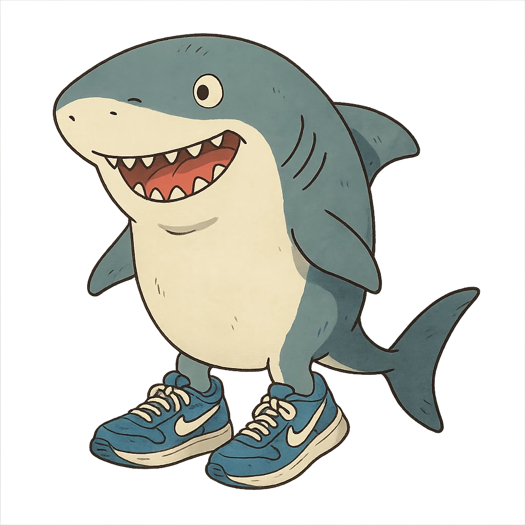 ghibli style cartoon shark with blue Nike sneakers, whimsical emoji
