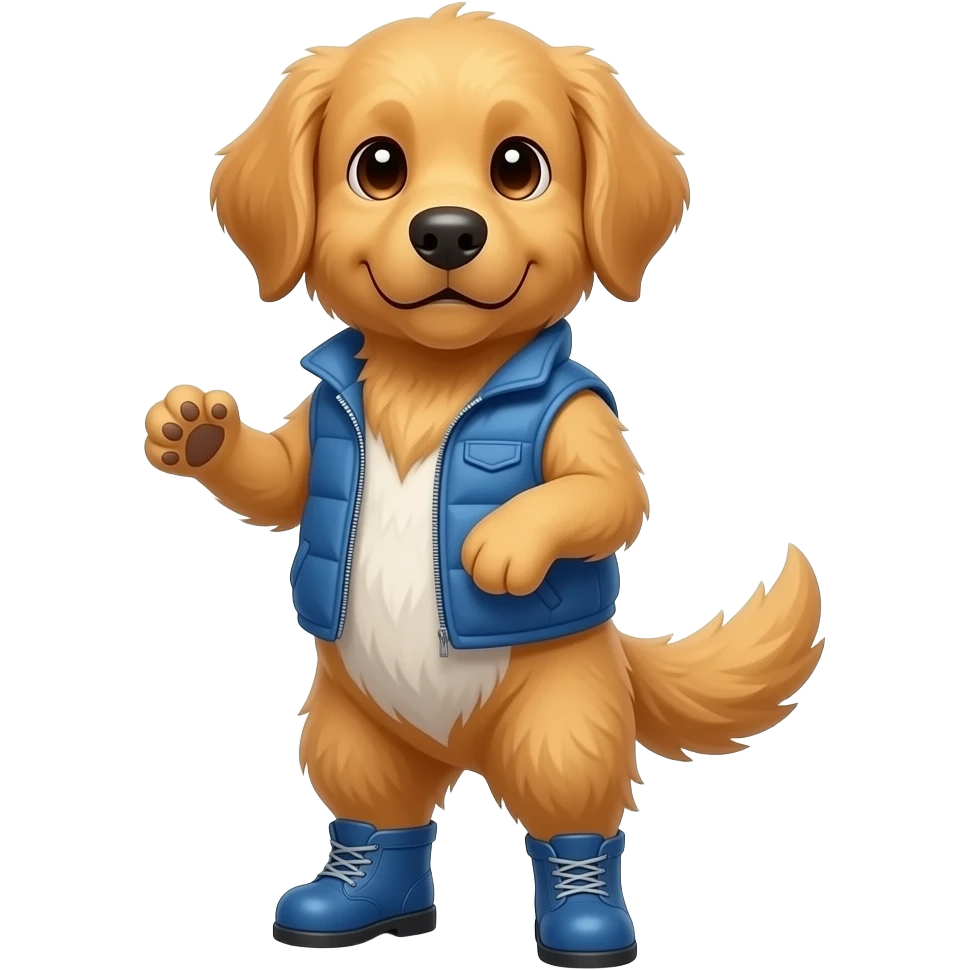 Make me a yellow and brown dog, a golden retriever, with floppy ears, that stands on two legs, has a white patch on its chest, wears a blue vest and boots Draw it in a cute cartoon style. emoji