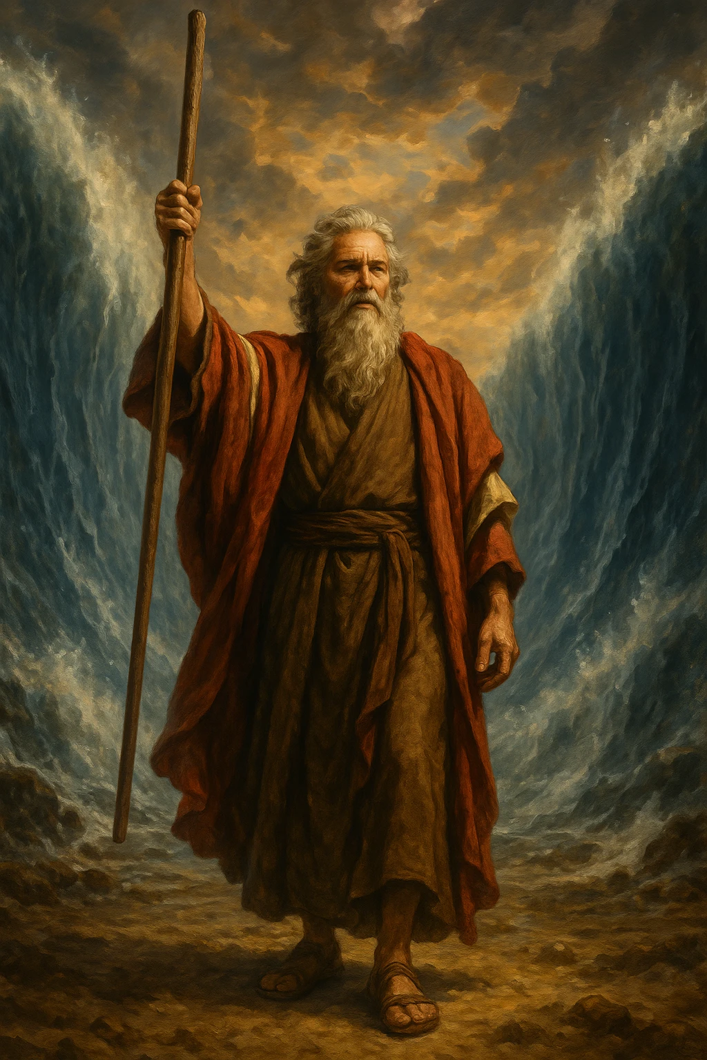 Moses holding his staff upright, flowing beard, traditional attire, parted Red Sea in background emoji
