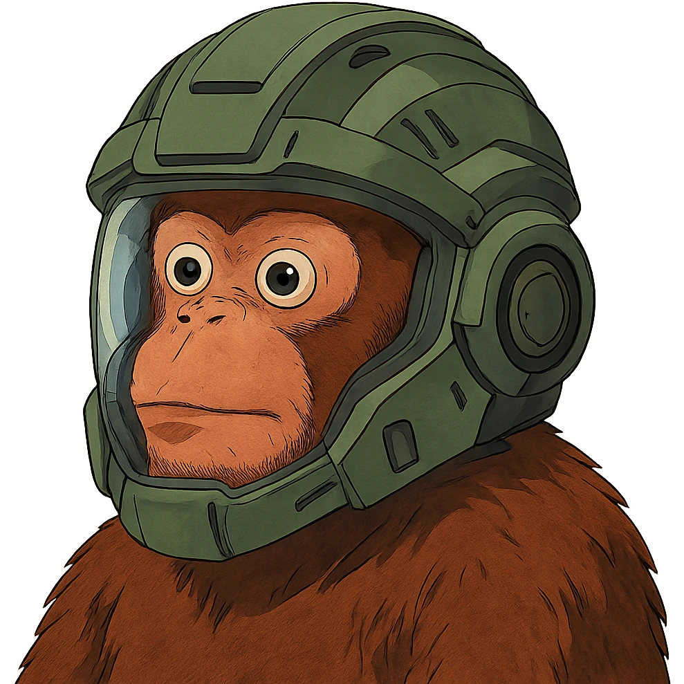 the image is the icon for a videogame insta-use item, it is armor [open face combat helmet] - futuristic cyberpunk -ready to equip-  it is master craftsmanship [ unequipped item ], except it's the monkey from the "neuron activation" meme emoji