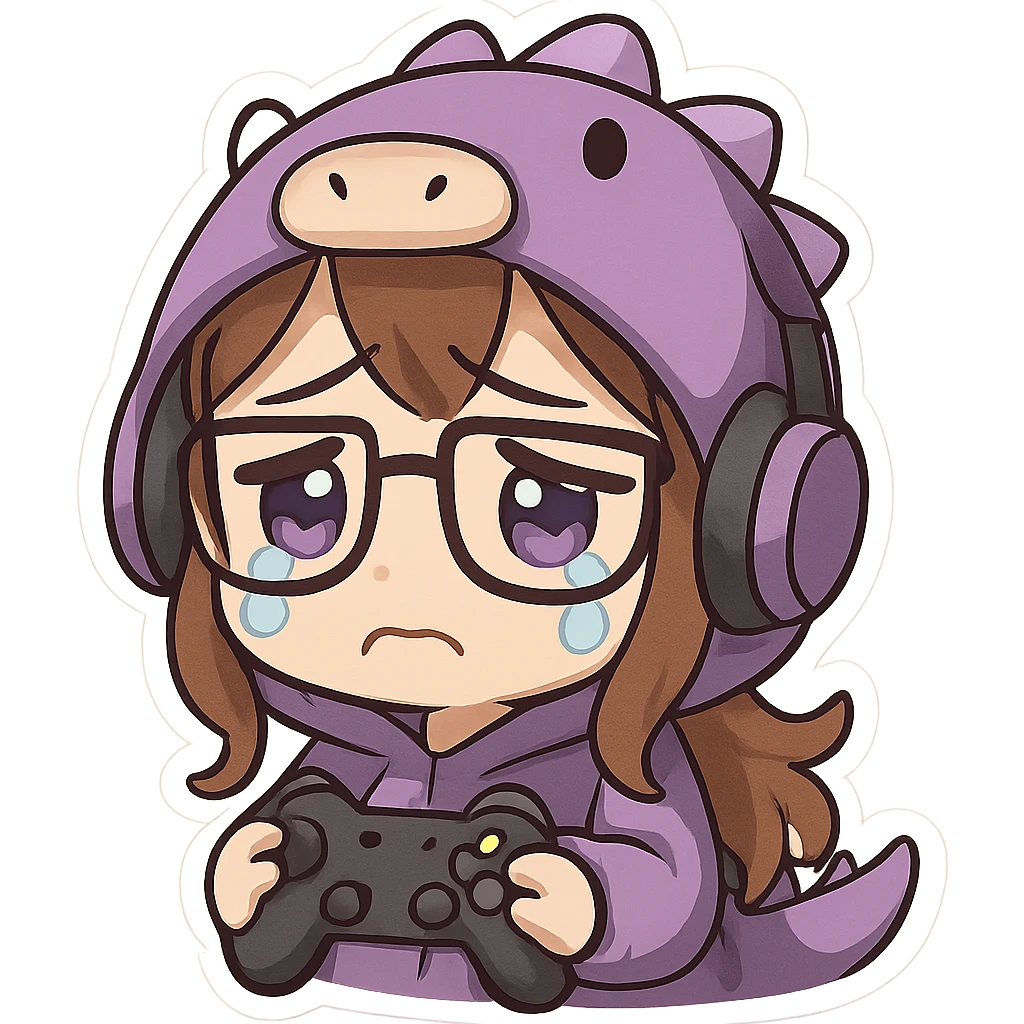 chibi anime style gamer girl with glasses, brown hair, dark purple eyes, wearing a purple dinosaur costume, sad emote, no controller emoji