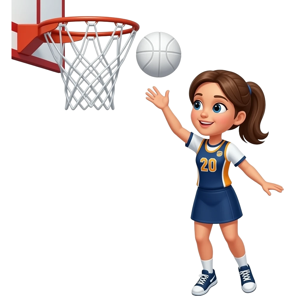 create a girl throwing a ball into a basket ball net but with no back board so just the net. She is wearing a sports vest and skirt. The ball needs to be white, like a netball. Remove the board, only show the girl,and the basket emoji