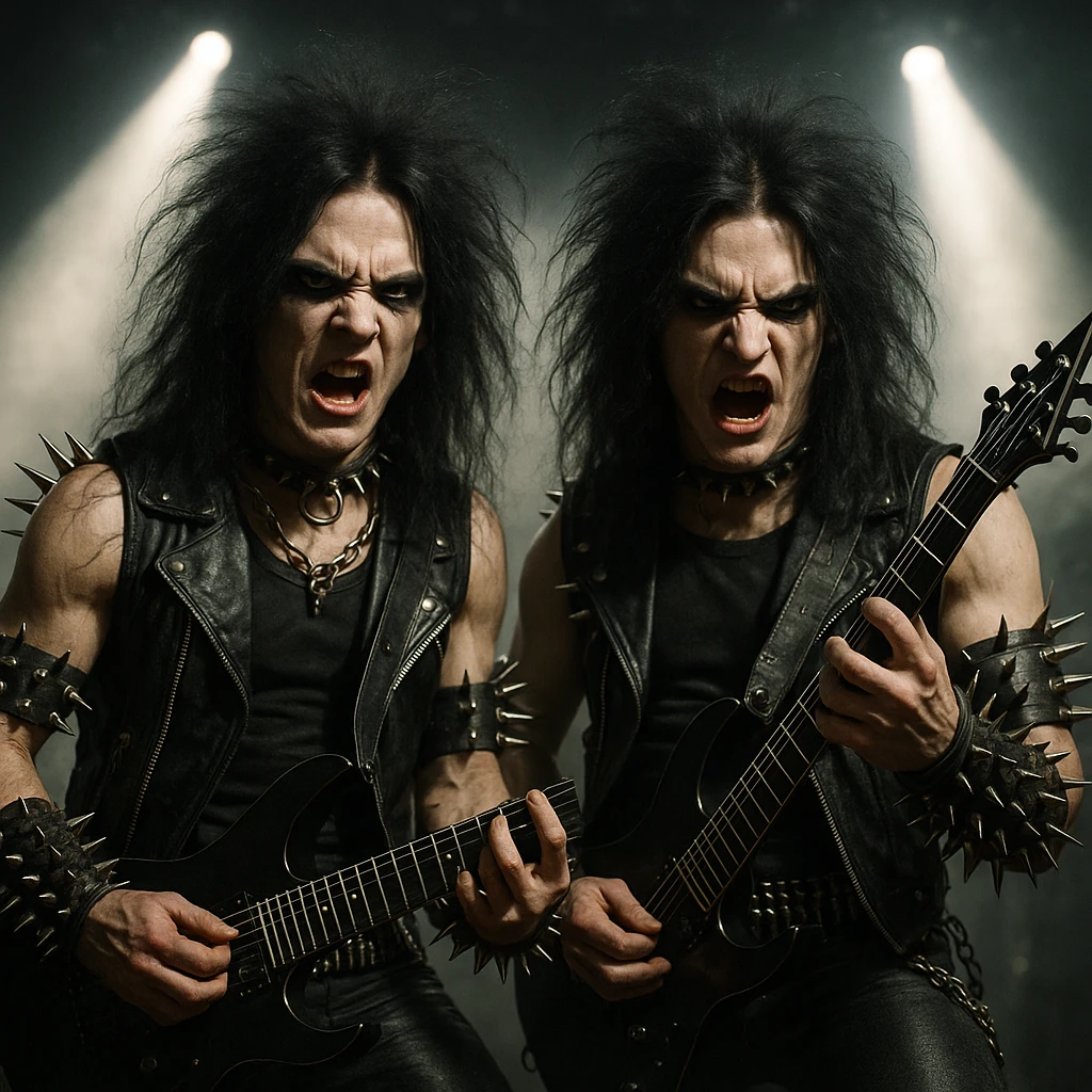 Gemini twins with electric guitars, heavy metal style, spiked accessories, intense expressions emoji