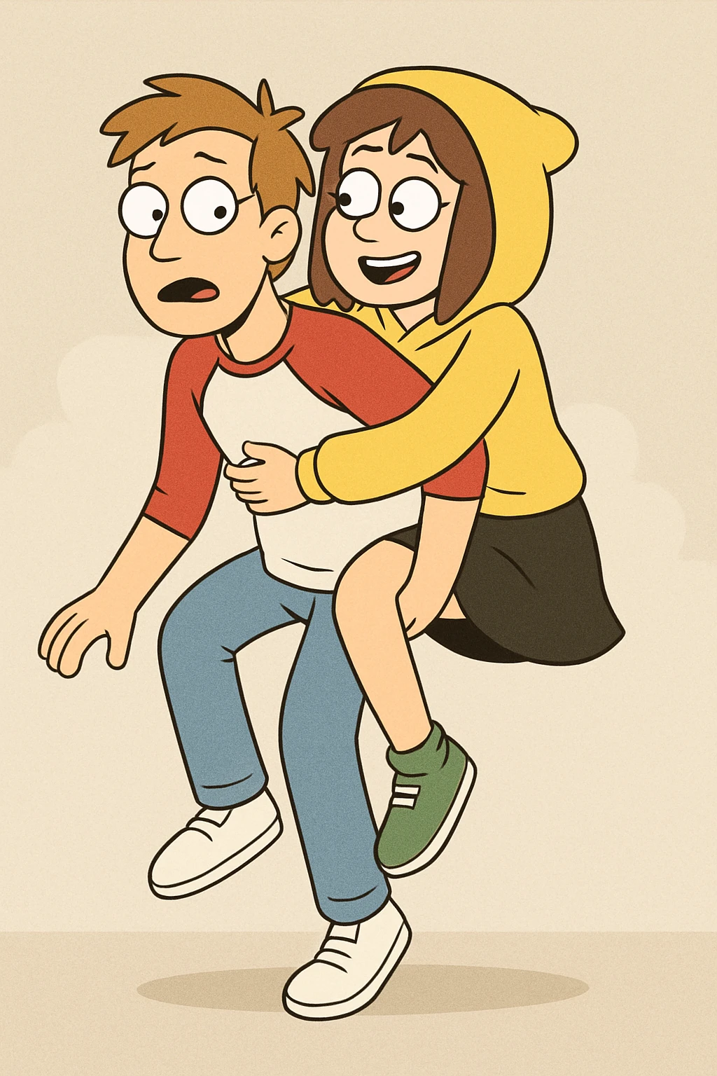 A man Raglan sleeves with Red t-shirts blue jeans white shoes carried by a cute a girl yellow hoodie black skirt green shoe  emoji