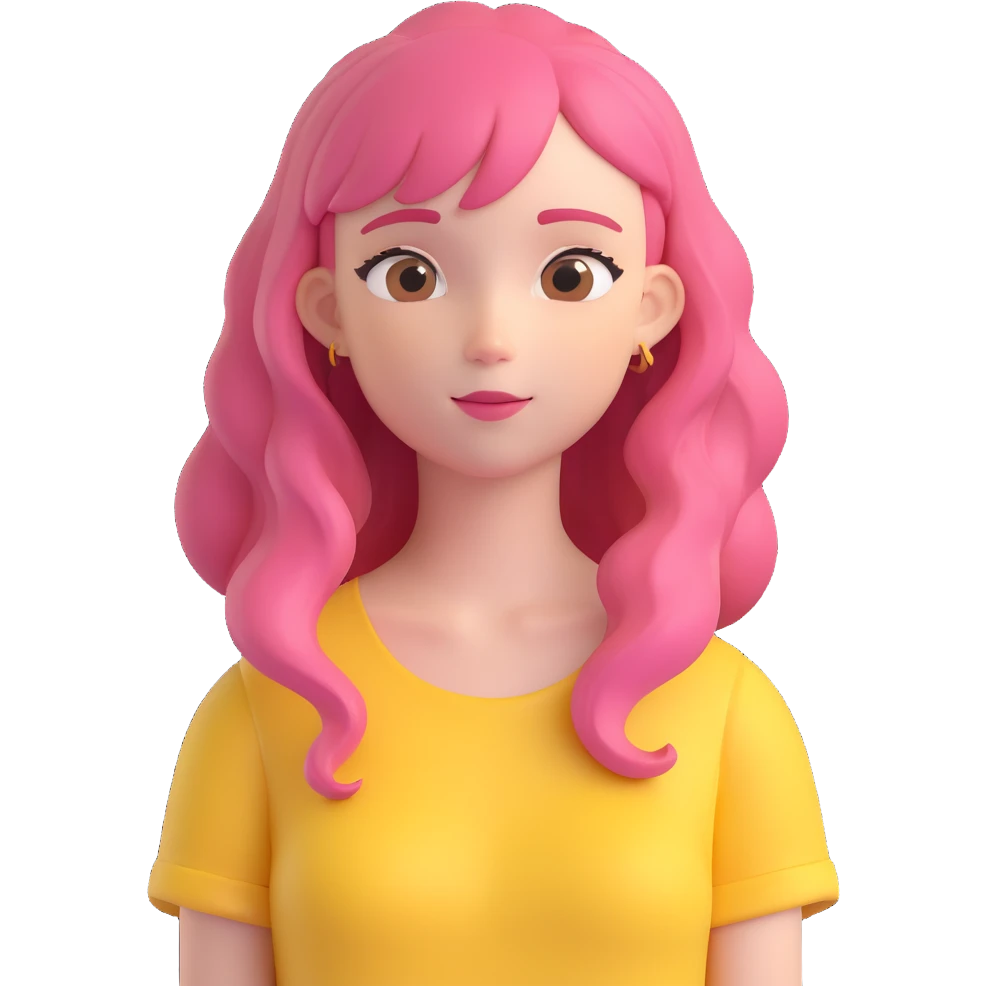 Emoji of a girl inspired by Fluttershy, with flowing pink hair, yellow top, and a gentle, caring face emoji
