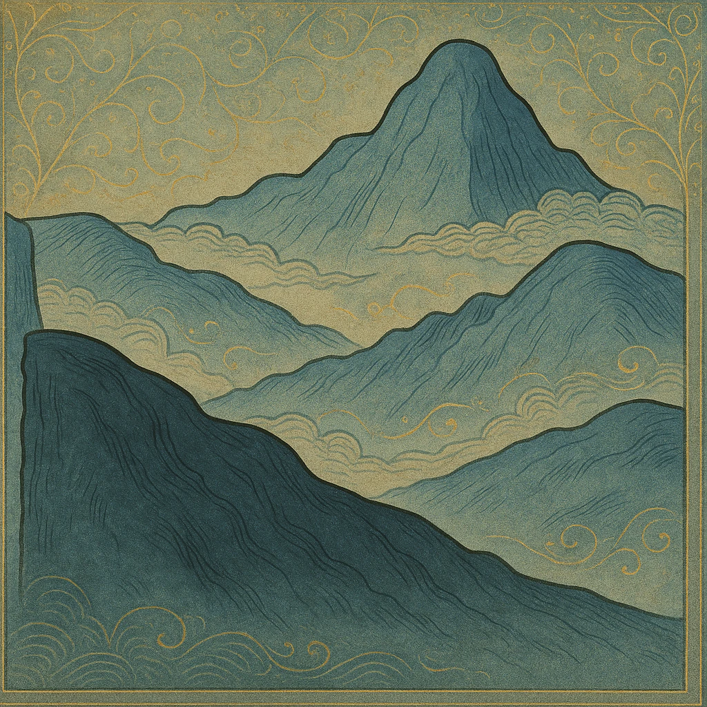 Add an ornate frame and increase the level of detail in the landscape painting, preserving the moody, dramatic lighting and misty mountains. Enhance the intricate textures and depth to evoke a medieval art style with rich, atmospheric elements. emoji