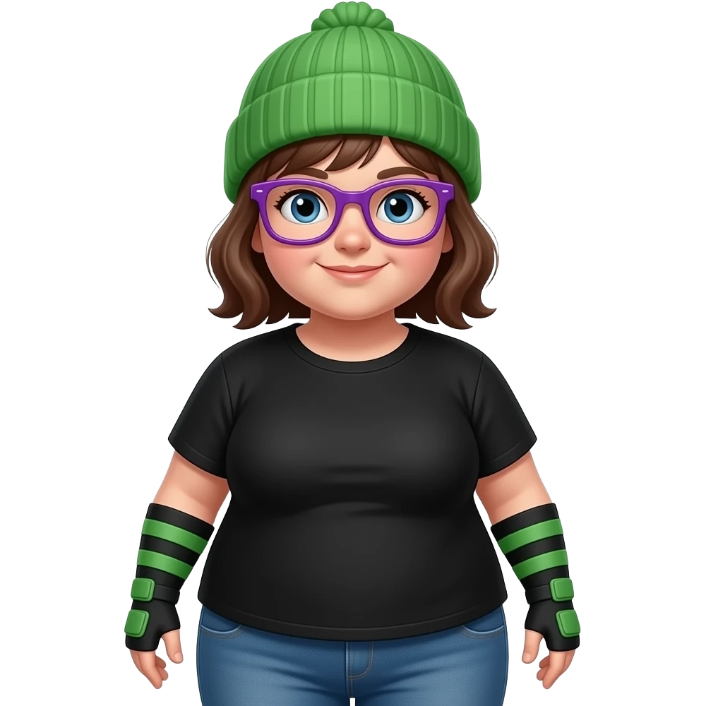 fat 12 year old girl with a green beanie with purple glasses on it, wearing green and black armbands a black shirt and ugly jeans emoji