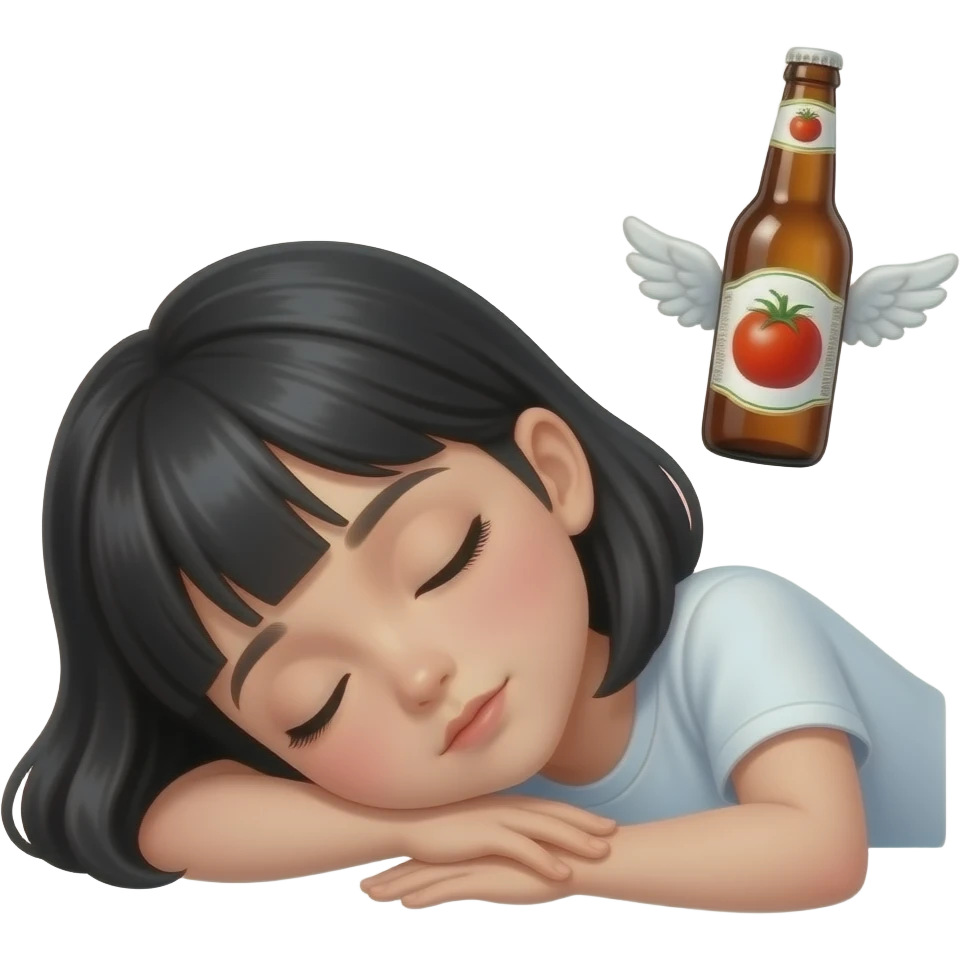 составь промт , девушка с черными волосами спит ей снится томатное пиво которое летает вокруг нее , бутылка с этикоткой помидора и крыльями emoji