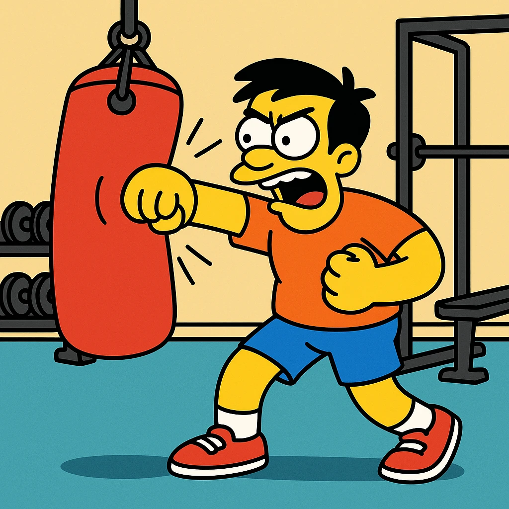 Hit a punching bag – to punch a padded bag for exercise or stress relief.
He went to the gym to hit a punching bag and blow off steam. Background Gym
 emoji