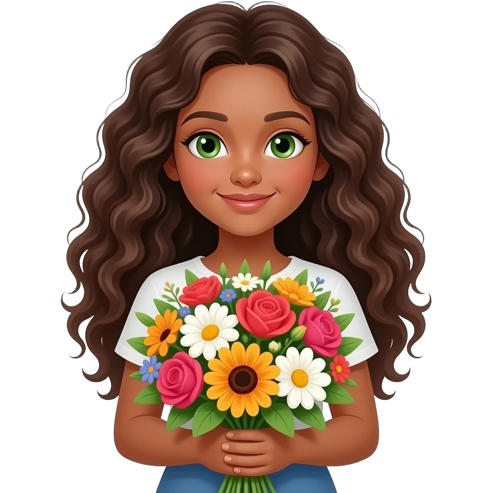 ight skinned brunette long curly haired girl with green/hazel eyes holding big bright bunch of flowers. White background. emoji