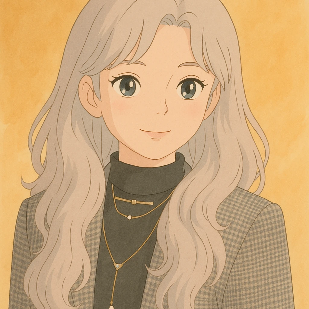Turn this woman into a Ghibli style character with soft colors, gentle expression, detailed hair, warm background, anime-inspired, elegant outfit. emoji