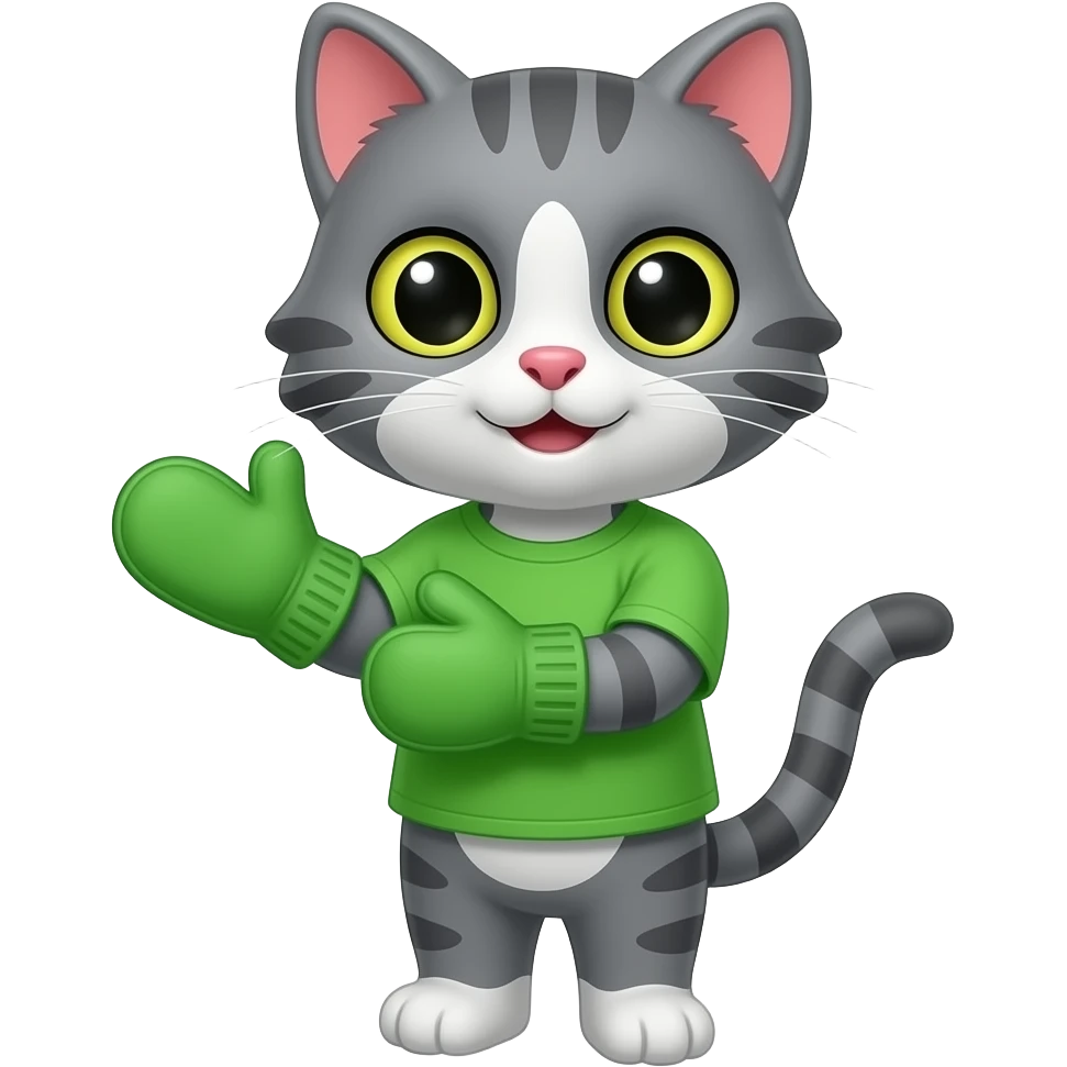 Cartoon brother gray cat wearing a green shirt standing put on the green mitten that are solild emoji