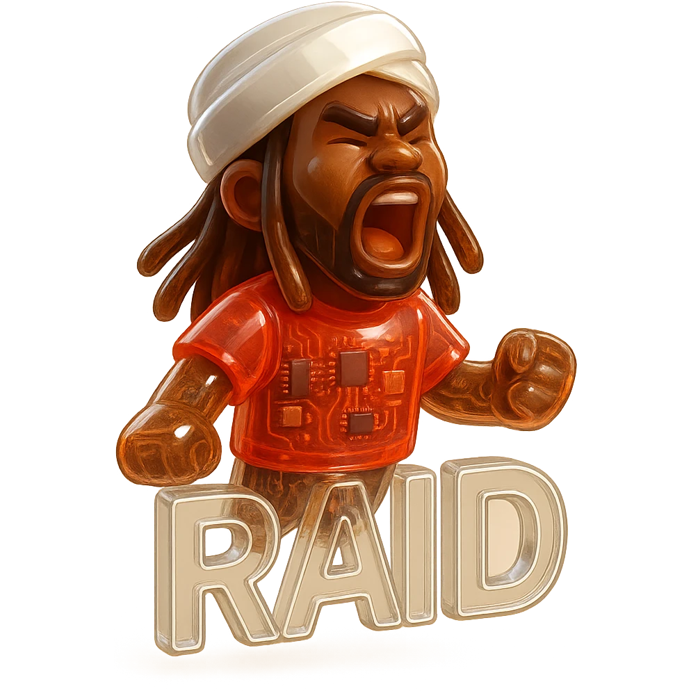 Brownskin man with long brown dreadlocks 
red t-shirt 
White turban 
expression is yelling 
Add the word RAID  emoji