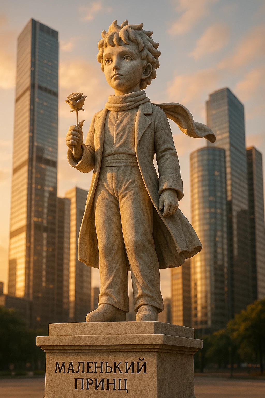 A marble statue of the Little Prince with a rose in his hand, placed in a modern cityscape. The pedestal inscription reads 'Маленький принц'. Ultra-realism, sunset, low-angle perspective. emoji