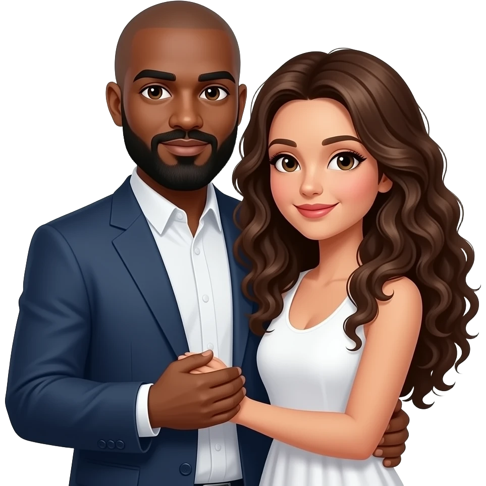 HiBlack bald bearded Muslimjj man holding white long curly brown haired female  Man is bald with nothing on his head emoji