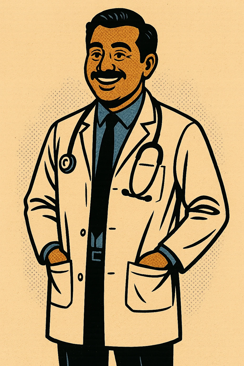 The full body of a male Indian doctor who works as a GP standing with his hands in his pockets and looking happy.  There is a stethoscope around his neck emoji
