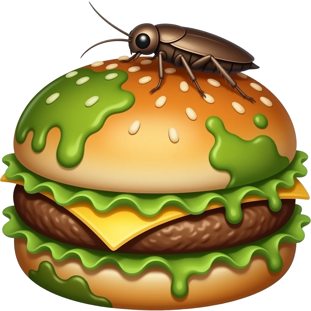 moldy rotten hamburger. molds should be green and cartoonish. there will be a cockroach on it. no face emoji