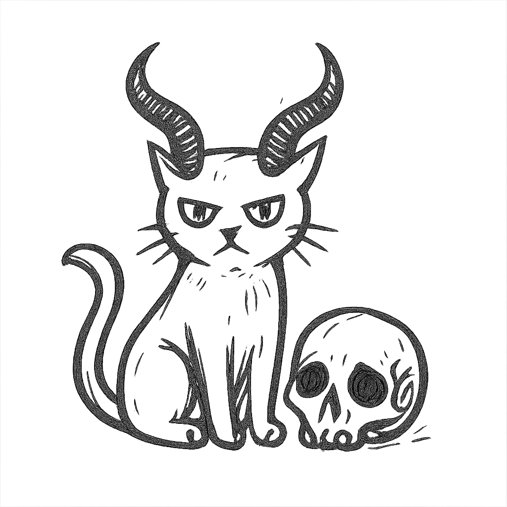 black cat with large, twisted demon horns, sitting next to a human skull, hand drawn style, dynamic outlines, no fill emoji