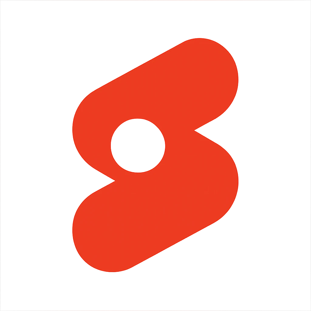 Modern minimalist logo inspired by YouTube Shorts but clearly distinct. Abstract red and white shapes on a white background. No text. Design a dynamic, playful symbol using rounded geometric forms, slightly resembling a play button or a film strip, but reimagined with a unique twist. Must look tech-oriented, simple, and brandable emoji