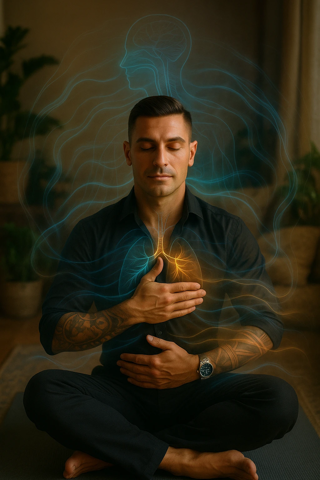 A highly realistic, cinematic portrait of a man in his early 30s with a calm, focused expression, sitting cross-legged on a yoga mat in a softly lit, peaceful room with warm, natural light. His eyes are gently closed as he practices slow, deep breathing, with one hand on his chest and the other on his abdomen, visibly rising and falling, symbolizing diaphragmatic breathing. Subtle blue and warm golden light waves gently swirl around him, visually representing the calming of anxiety, stress, and depressive thoughts. His posture is upright but relaxed, with relaxed shoulders and a slight serene smile on his lips, showing emotional relief and inner calm. The background has green plants and soft textures, evoking a peaceful and healing environment. The style is 35mm hyperrealistic photography with soft depth of field, focusing on his peaceful face and breathing posture, while faint overlays of nervous system diagrams and gentle energy waves hint at the healing power of conscious breathing on the mind and body emoji