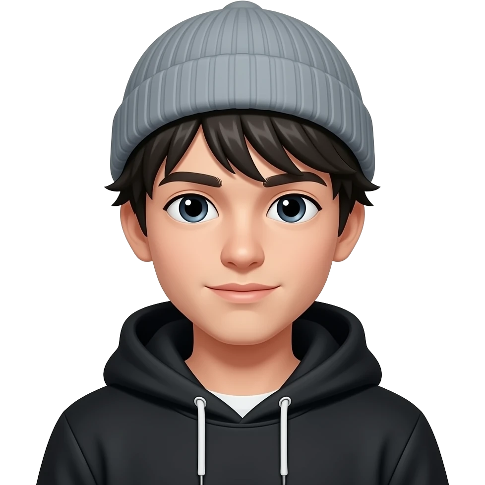 Male, teen, slim, messy dark hair, grey beanie, black hoodie emoji