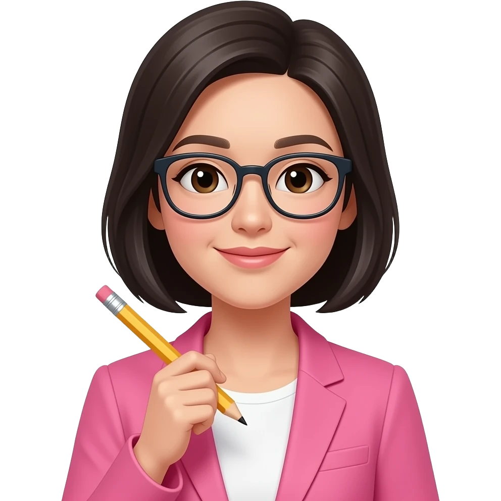 asian woman in pink blazer with glasses and a pencil emoji