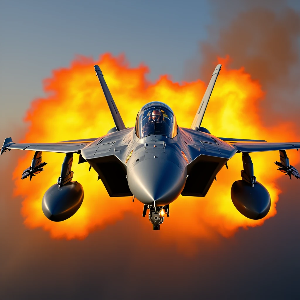 Add bright afterburner flames to the fighter jet in a realistic military style, keeping the background as is. emoji