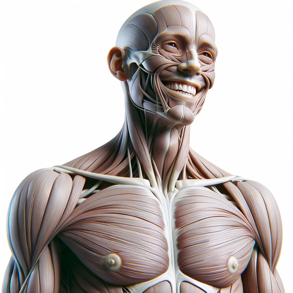 corpo umano anatomico a figura intera che sorride rilassato, iperrealistico 4k, isolato su sfondo bianco emoji