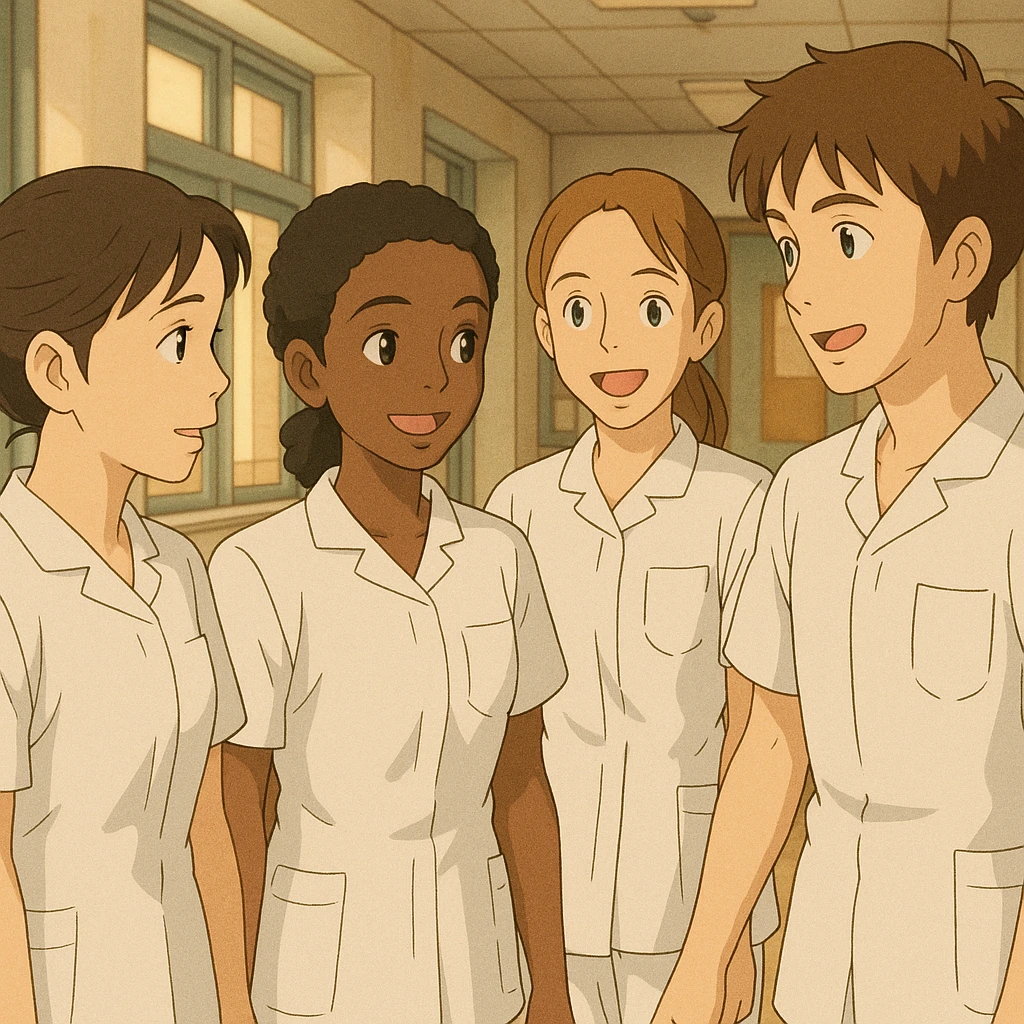 Quatre étudiants infirmiers, style Ghibli, en interaction dans un environnement intérieur, uniformes blancs à manches courtes, tuniques col en V, poche poitrine à gauche, pas de pied de col, pas de stéthoscopes, avant-bras nus, cheveux longs attachés pour celles qui en ont. Basés sur les quatre visages fournis. emoji