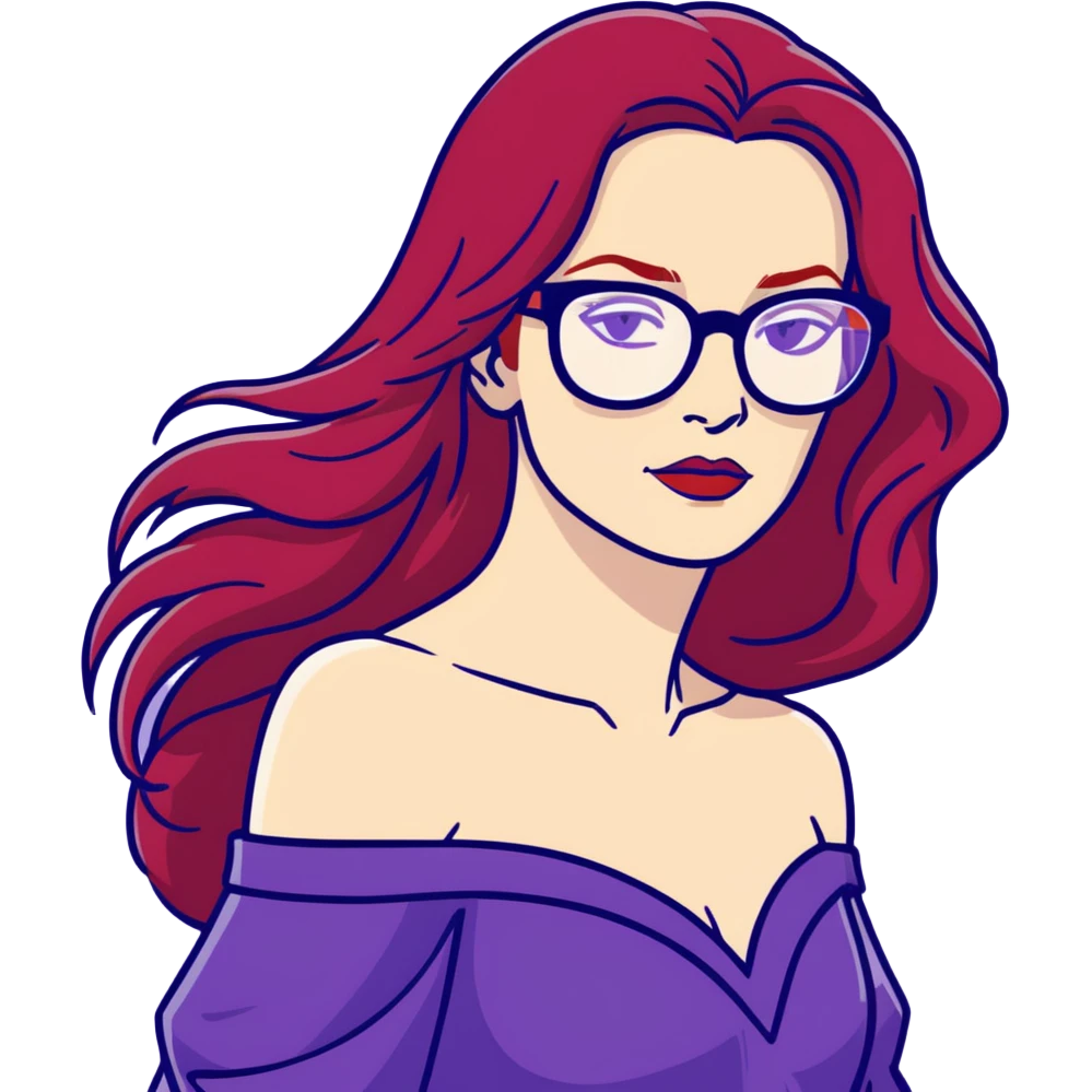 Woman with long red hair flowing wearing glasses and in purple clothing bare shoulders looking like a raven in her early 50’s emoji