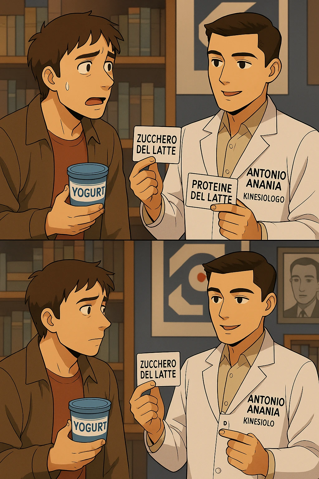 fai un webtoon manga a colori con questo stile, in cui un uomo fa una domanda al kinesiologo con il camice bianco (fagli anche la scritta "ANTONIO ANANIA" SUL CAMICE, l'uomo chiede una cosa mostrando un formaggio e uno yogurt al kinesiologo con il camice, IL KINESIOLOGO annuisce e SPIEGA ALL'UOMO UNA cos. L'UOMO ha un ESPRESSIONE CONFUSA IN VOLTO. non fare i fumetti però, fai solo in modo che sembri stiano parlando emoji