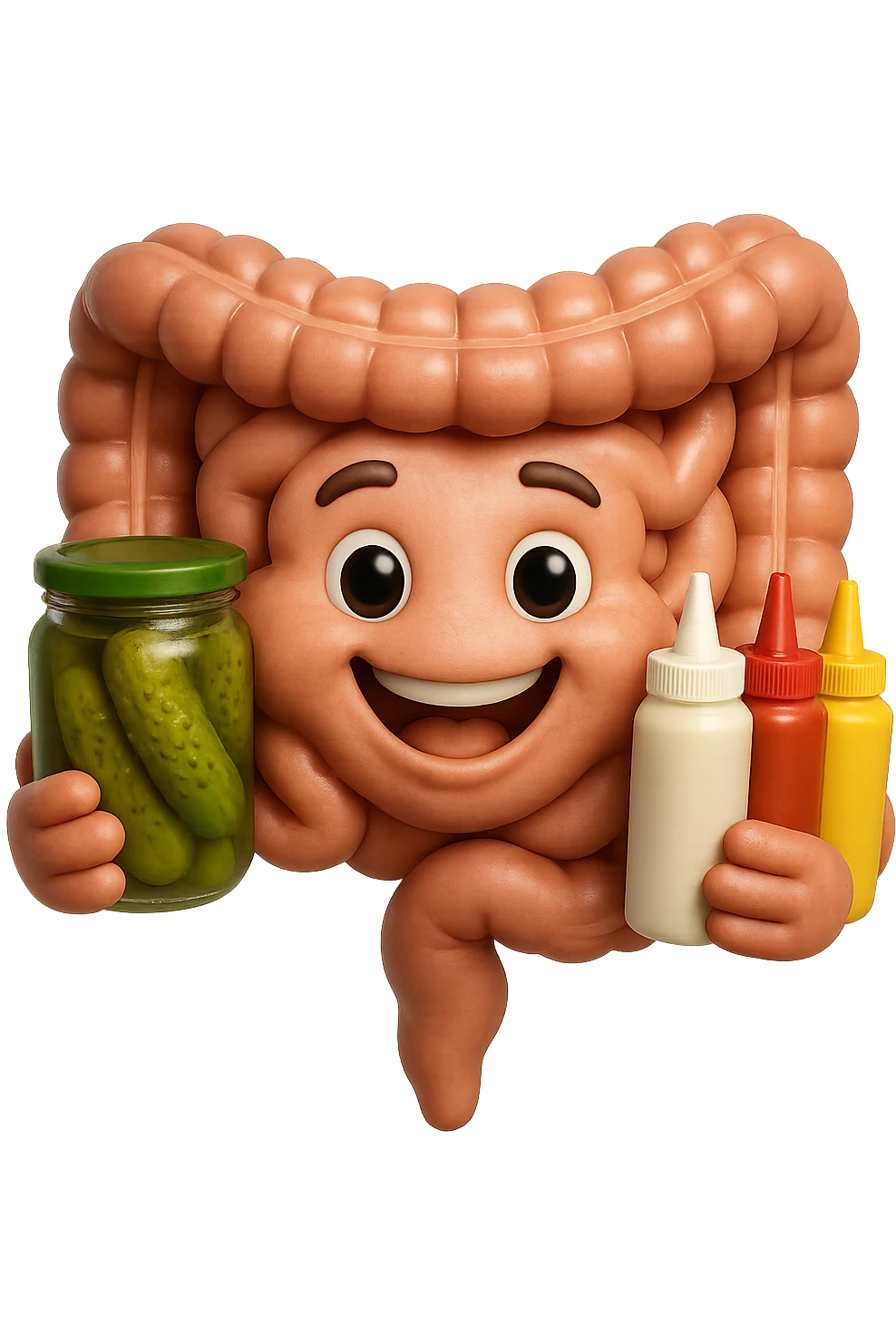 emoji stile iphone di intestino umano con espressione felice mentre tiene in mano cetriolini sottaceto, maionese, salsa barbecue, salsa, senape realistica
IPERREALISTICO 4K emoji