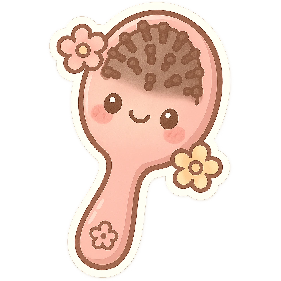 chibi sticker-style hairbrush with a pink handle, floral details, girly, cute and exaggerated emoji