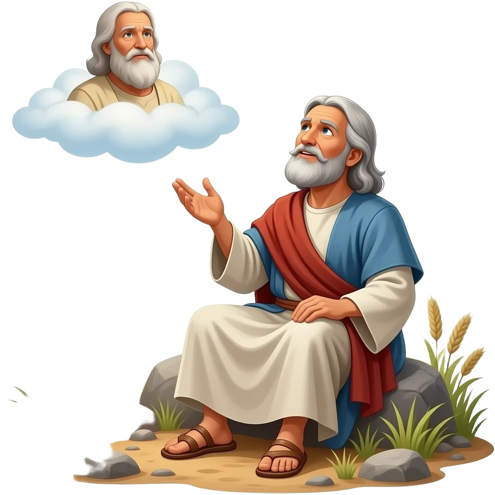 A full bodied man in his 80’s from biblical times is sitting out in the wilderness looking up at the sky as he speaks to an old man in the sky that is God emoji
