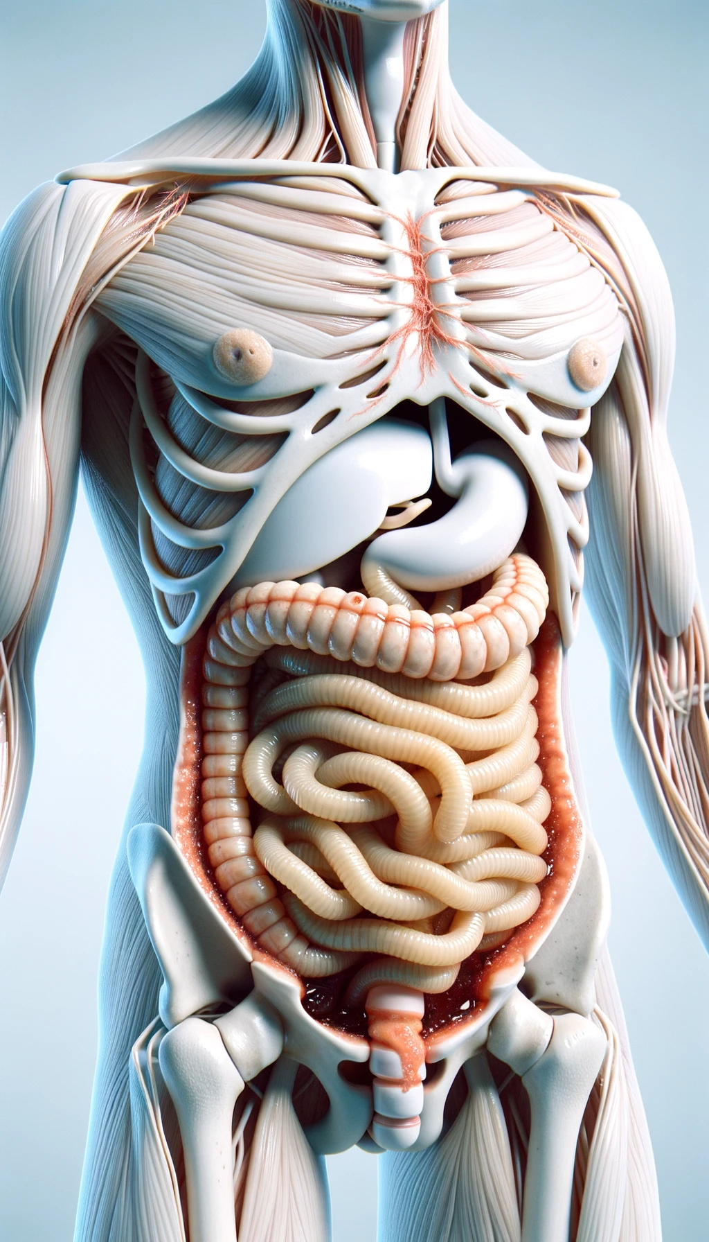 CORPO UMANO ANATOMICO Che mangia sushi crudo, vermi lunghi e beige chiaro nell'intestino a causa del sushi crudo, SFONDO CHIARO, iperrealistico 4k emoji