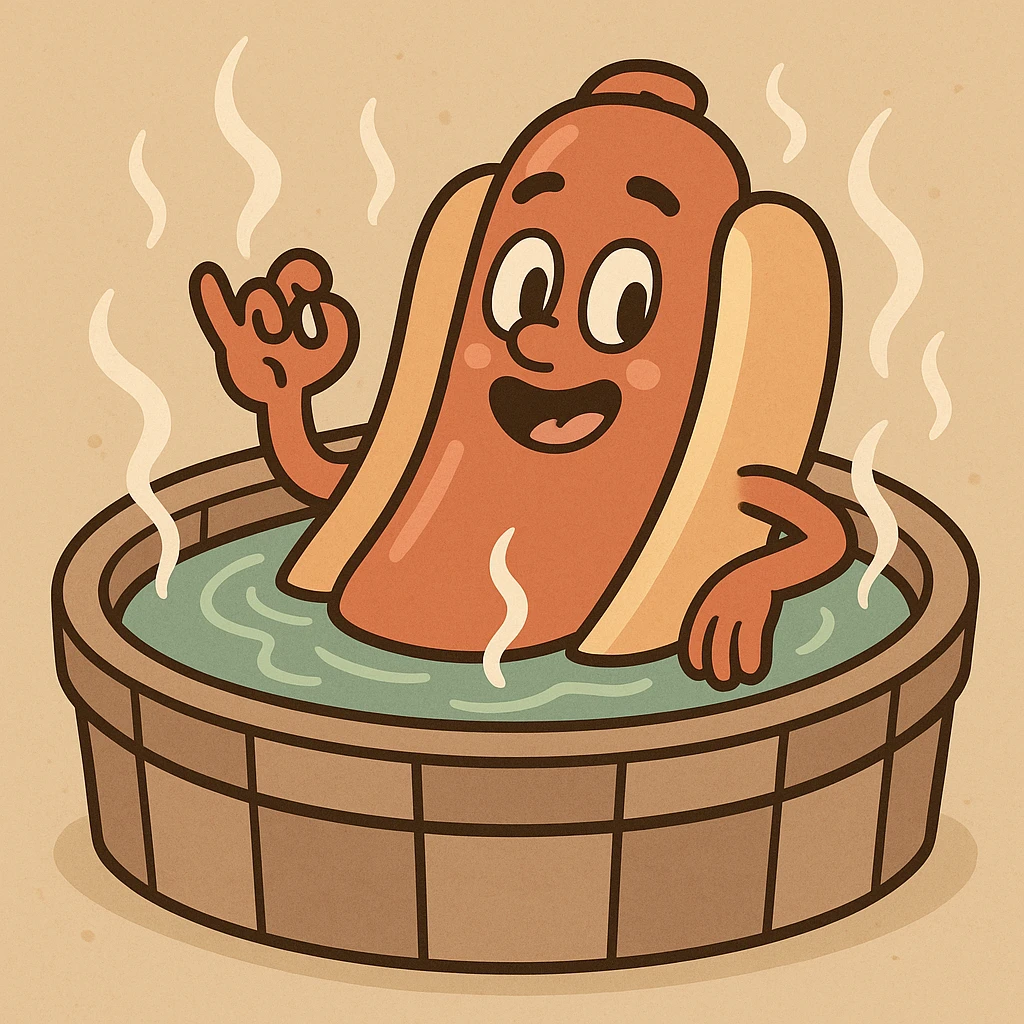 cartoon hotdog soaking in a steaming hot tub, cute and fun style emoji